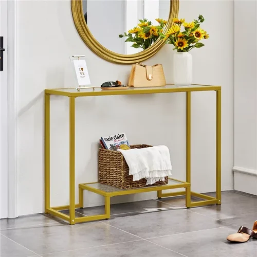 SmileMart 2-layer Modern Tempered Glass Console Table with Metal Frame for Hallway, Gold