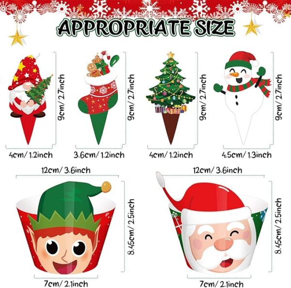 Perthlin 108 Pieces Christmas Cupcake Toppers Wrappers Snowman Santa Claus Reindeer Elf Penguin Gingerbread Christmas Tree Cake Decorations Cupcake Picks Liners for Xmas Holiday Party Supplies Favors 3