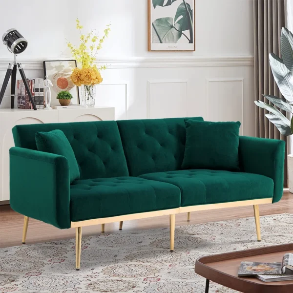 Atumon Couches and Sofas, 64"L Futon Sofa Bed, Modern Convertible Sofa Bed, Velvet Sofa Couch with 2 Pillows and Rose Golden Metal Legs, Futon Couch Furniture for Living Room Bedroom, Green 3