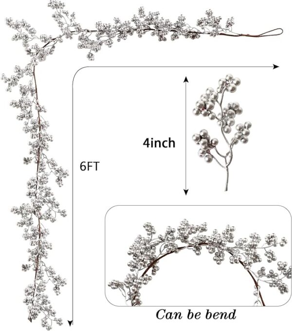 Berry String Christmas Garland Lighted Berry Indoor Artificial Pine Garland Fall Christmas Winter Valentine's Day Decor Light Garland for Holiday Fireplace Mantel Table, 6 Feet (Silver, 1 Piece) 3