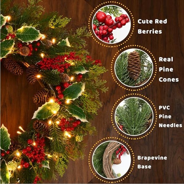 Waipfaru Christmas Decorations, 24 Inch Lighted Christmas Wreaths for Front Door, Pre-Lit Christmas Door Wreath with Lights for Outdoor Window Wall Xmas Winter Decor 3