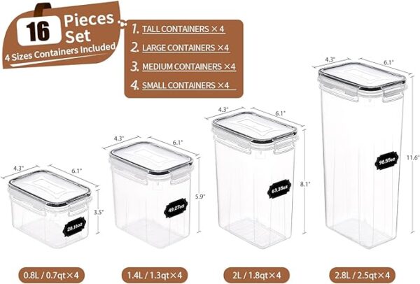 PRAKI Airtight Food Storage Container Set, 16 Pcs BPA Free Plastic Dry Food Canisters for Kitchen Pantry Organization and Storage Ideal for Cereal, Flour & Sugar - Labels, Marker(Black) 3