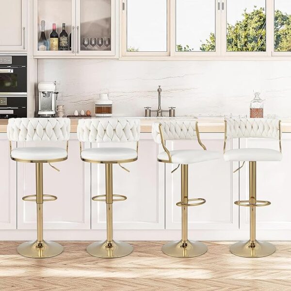 COSTWAY Velvet Adjustable Bar Stools Set of 2, Max Load 400 Lbs, Modern Upholstered Swivel Barstools with Woven Back, Footrests, Adjustable Height Bar Chairs for Kitchen Island Cafe Pub, Beige+Gold 3