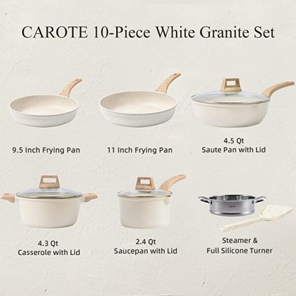 CAROTE Pots and Pans Set Nonstick, White Granite 10 Pcs Induction Kitchen Cookware Sets, Non Stick Cooking Set w/Frying Pans & Saucepans(PFOS, PFOA Free) 3