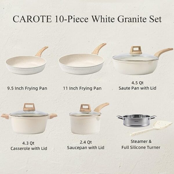 CAROTE Pots and Pans Set Nonstick, White Granite 10 Pcs Induction Kitchen Cookware Sets, Non Stick Cooking Set w/Frying Pans & Saucepans(PFOS, PFOA Free) 3