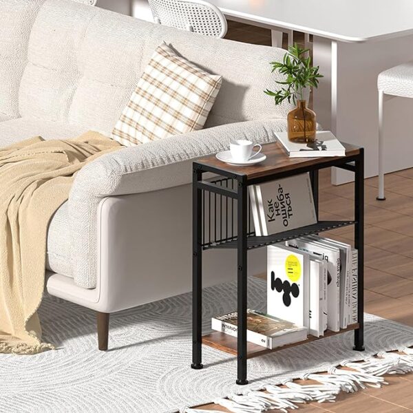 Side Table, Narrow End Table with Magazine Holder, Slim Side Table for Small Spaces, Skinny Nightstand for Living Room Bedroom, Thin Side Magazine Table, Easy Assembly 3