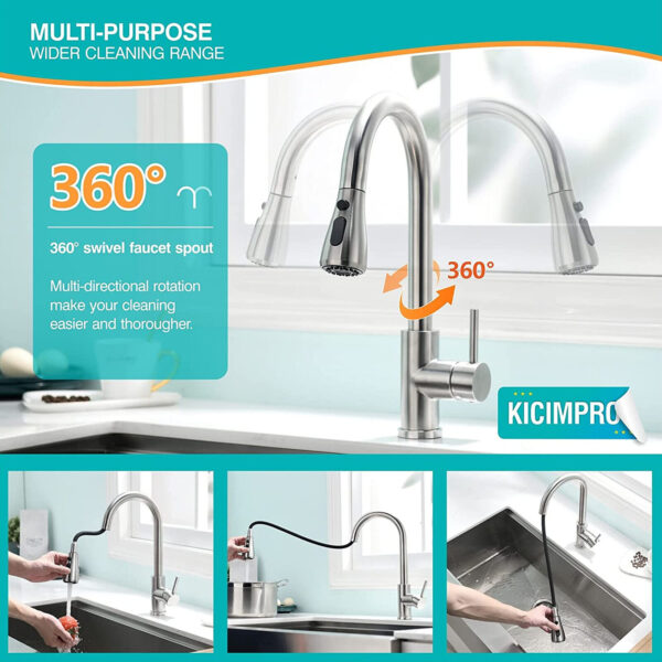 WEWE High Arc Kitchen Faucet Sink Pull out Sprayer Single Handle Stainless Steel 3