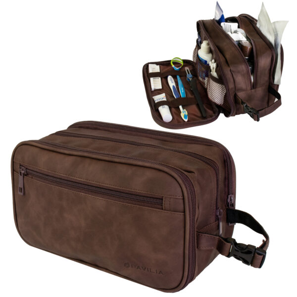 Mens Toiletry Bag with Zipper PU Leather Case Organizer Portable Travel Dopp Kit 3