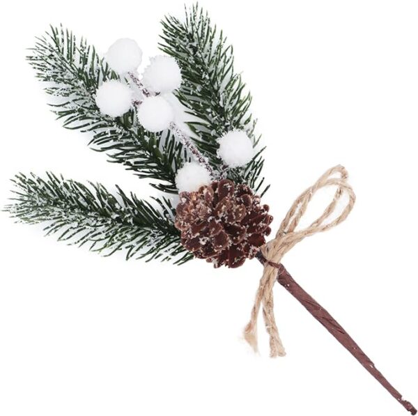 10Pcs Artificial Christmas Floral Picks Snowy White Berry Stems Flocked Pine Branches Holly Berries Spray with Pinecones for Flower Arrangement Xmas Tree Wreath Winter Holiday Season Décor (White, 10) 3