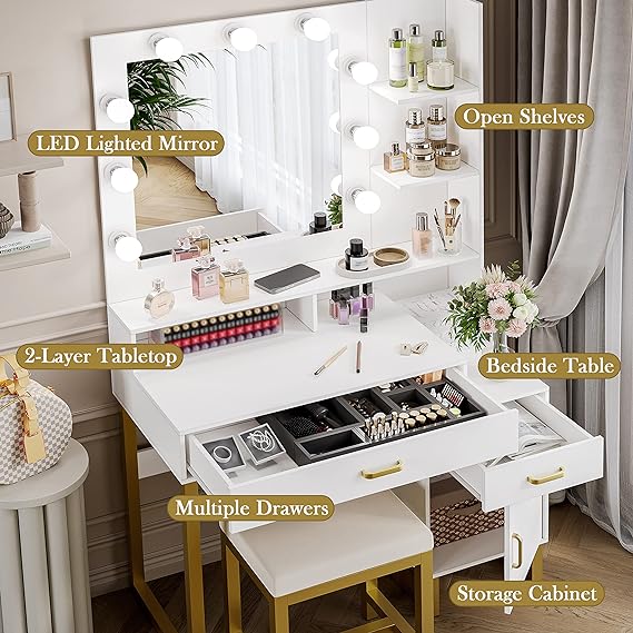 Xilingol Vanity Desk with Mirror & Lights, 37" Vanity Set with Mirror and Stool, Modern Makeup Table W/ 2 Drawers & Cabinet, Vanity for Makeup Room, Bedroom, White 3