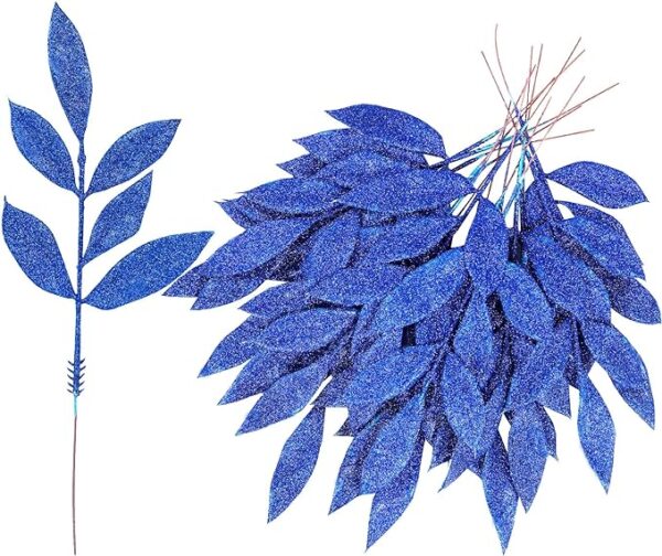 Winlyn 40 Pcs Blue Glitter Bay Leaf Sprays Artificial Christmas Tree Picks Sprays 12.7" Tall for Blue Christmas Tree Wreath Swag Vase Floral Arrangement Winter Wedding Bouquet Centerpiece Decoration 3