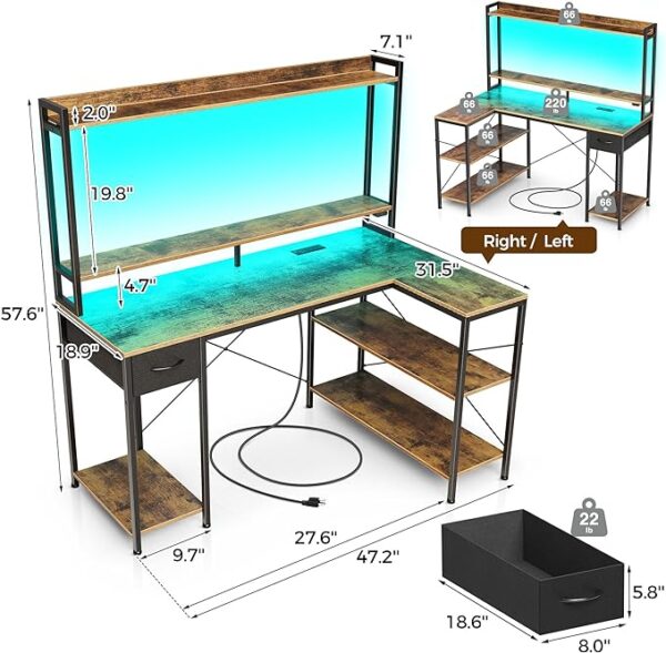 Seventable L Shaped Gaming Desk with LED Lights & Power Outlets, Reversible Computer Desk with Shelves & Drawer, Corner Desk with Hutch Home Office Desk, Rustic Brown 2