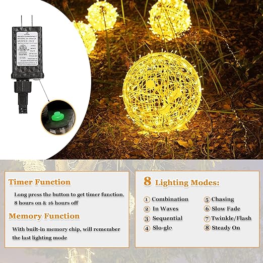 JNOEC Outdoor Balls Lights Hanging Tree Christmas Lights - 4 Pack 7.87" Sphere Lights with Plug in Globe Lights Trees Garden Lights for Party Wedding Yard Garden Porch Patio Decoration(Warm White) 2