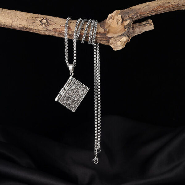 Vintage Silver Cross Bible Book Pendant Necklace Unique Jewelry For Men Women 2