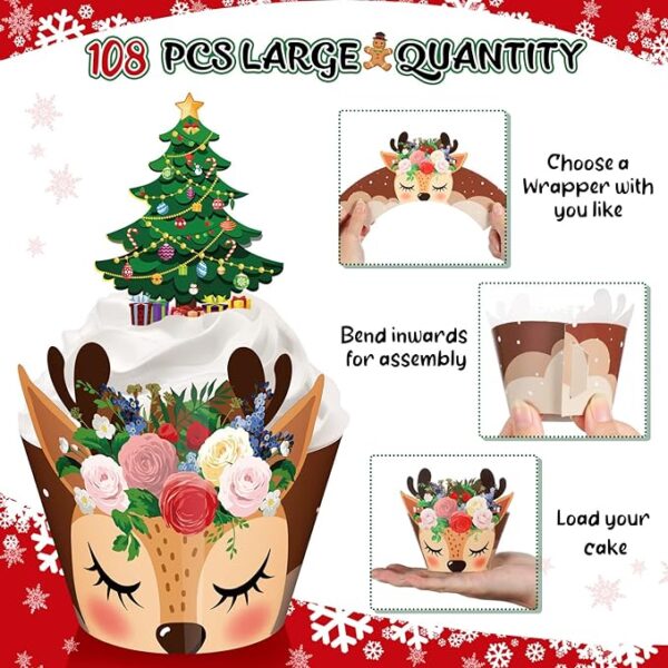 Perthlin 108 Pieces Christmas Cupcake Toppers Wrappers Snowman Santa Claus Reindeer Elf Penguin Gingerbread Christmas Tree Cake Decorations Cupcake Picks Liners for Xmas Holiday Party Supplies Favors 4