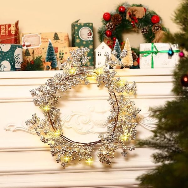 Berry String Christmas Garland Lighted Berry Indoor Artificial Pine Garland Fall Christmas Winter Valentine's Day Decor Light Garland for Holiday Fireplace Mantel Table, 6 Feet (Silver, 1 Piece) 4