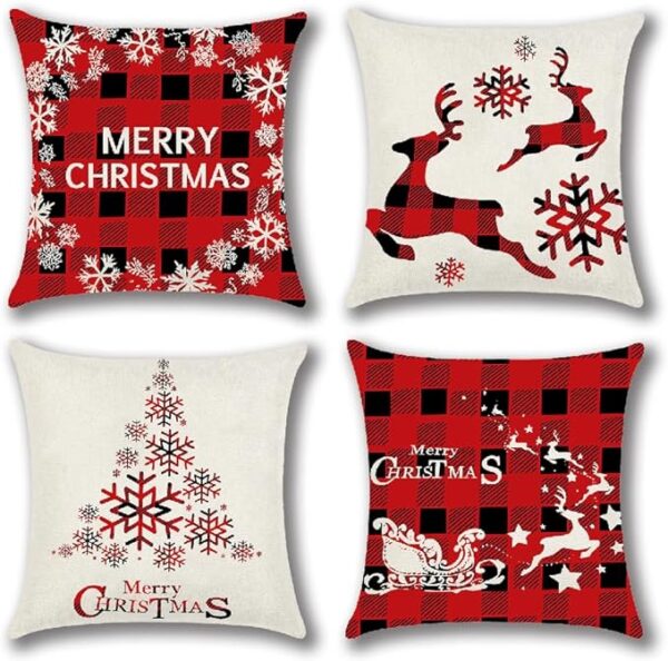 Red Christmas Pillow Covers 18x18, Holiday Throw Pillows Case Xmas Winter Pillow Case Festival Throw Cushion Cover Decorative Christmas Cushion Covers,4 Pack (Christmas Deer) 4