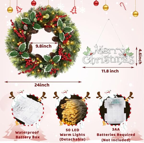 Waipfaru Christmas Decorations, 24 Inch Lighted Christmas Wreaths for Front Door, Pre-Lit Christmas Door Wreath with Lights for Outdoor Window Wall Xmas Winter Decor 4