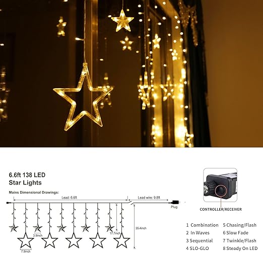 Fagele Star Curtain Lights 12 Stars 138 LED Curtain String Lights Plug-in with 8 Lighting Modes Christmas Curtains Ramadan Decoration, Indoor and Outdoor Wedding Garden Decoration (Warm White). 3