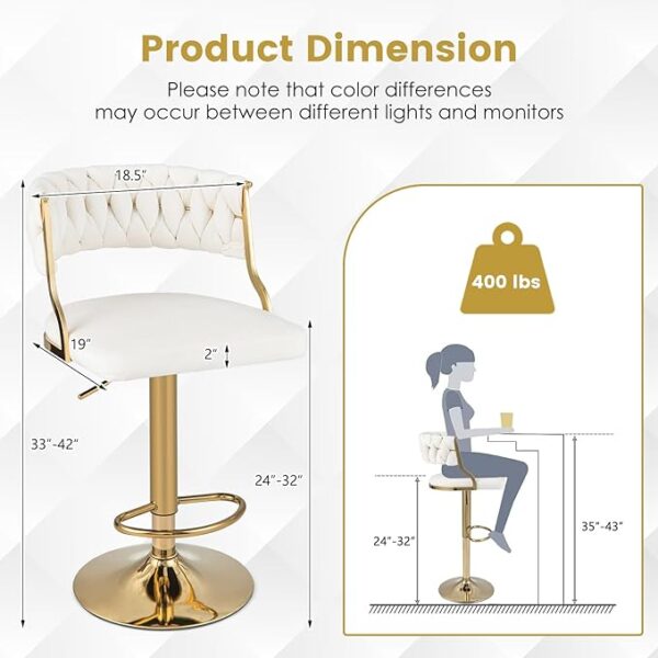 COSTWAY Velvet Adjustable Bar Stools Set of 2, Max Load 400 Lbs, Modern Upholstered Swivel Barstools with Woven Back, Footrests, Adjustable Height Bar Chairs for Kitchen Island Cafe Pub, Beige+Gold 4