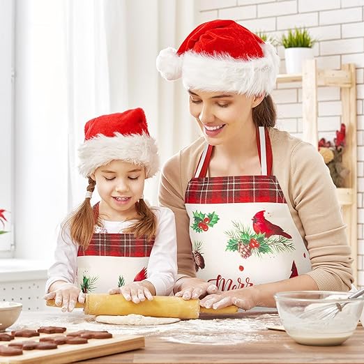 AnyDesign Christmas Cardinal Aprons Red Bird Adjustable Kitchen Cooking Aprons Washable Xmas Kitchen Aprons for Restaurant Party Baking Supplies, 2 Pack, 21.7 x 26.8 Inch 4