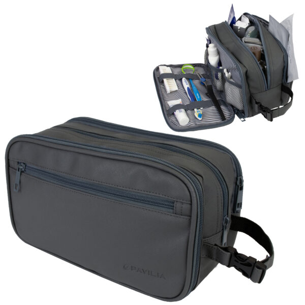 Mens Toiletry Bag with Zipper PU Leather Case Organizer Portable Travel Dopp Kit 4