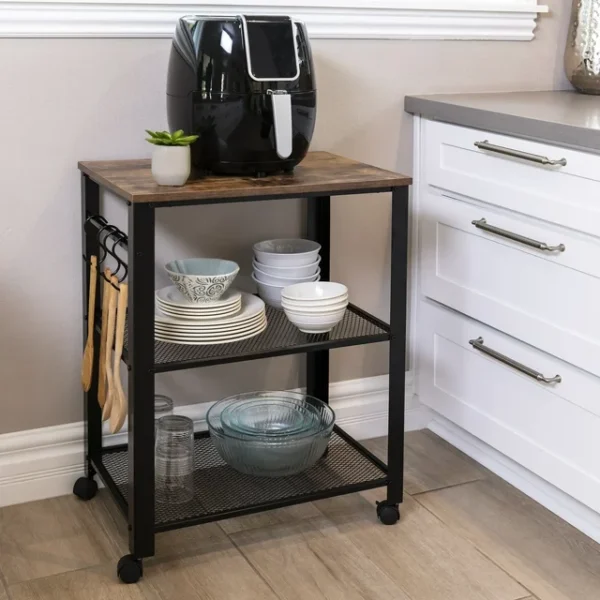 Best Choice Products 3-Tier Microwave Cart Rolling Utility Serving Cart Organizer w/ 2 Storage Shelves, 4 Hooks 2