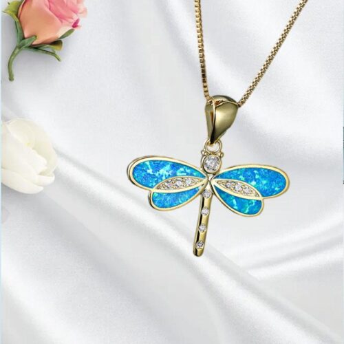 Exquisite Simulated Opal Dragonfly Necklace Simple Electroplating Artificial Crystal Long Chain Jewellery for Gifts Girls Blue