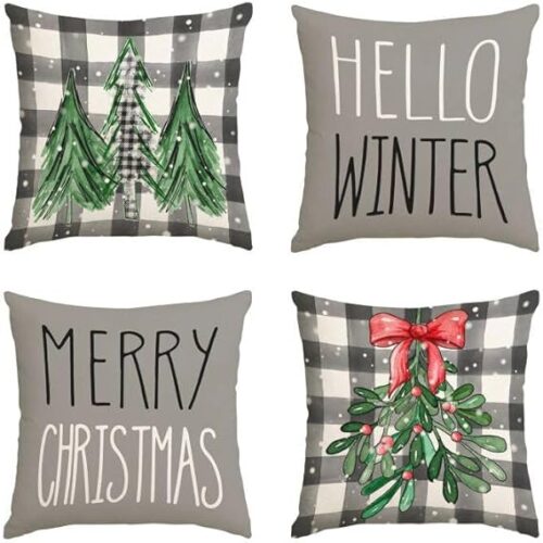 51Vs137QLdL._AC_SX569_ Cylanta Christmas Pillow Covers 18x18 Inch Set of 4, Grey Buffalo Plaids Christmas Trees Farmhouse Merry Xmas Winter for Holiday Sofa Couch Home Decoration