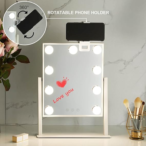 Hollywood Makeup Vanity Mirror with Lights – 360°Rotation Vanities Mirror with 9 Dimmable LED Bulbs, Tabletop with Bedroom & Cloakroom & Powder Room, Ultra-Thin Metal Frame Design 3