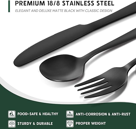 48-Piece Matte Black Silverware Set with Steak Knives, Black Flatware Set for 8, Stainless Steel Tableware Cutlery Set, Utensil Sets for Kitchen, Hand Wash Recommended 3