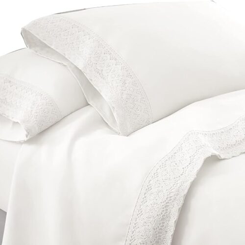 TUP THE URBAN PORT Udine 4 Piece Queen Size Microfiber Sheet Set with Crochet Lace, White