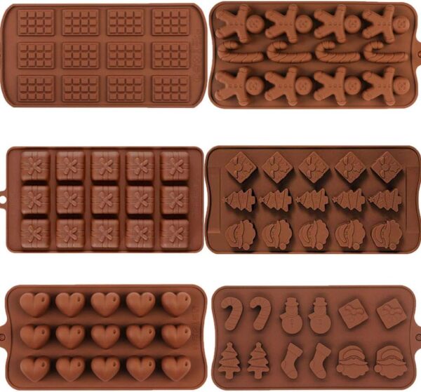6 Pack Christmas Silicone Chocolate and Candy Moulds Non-Stick Jelly mould for Party Xmas Gift with Shape of Gingerbread, Candy Cane, Santa, Snowman, Christmas tree, Socks, Gift, Heart… 1