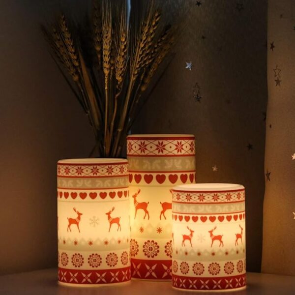 Flameless Flickering Led Candles Battery Operated with 6 Hours Timer, Real Wax Pillar Candles Warm Light Love Deer Decal Decor Gift(Pack of 3) Red 3