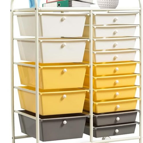 COSTWAY 15 Drawer Rolling Storage Cart, Multipurpose Mobile Storage Organizer w/Removable Drawers & Metal Frame, Utility Tools Paper Organizer on Wheels for Home, Office (Yellow, Beige & Grey)