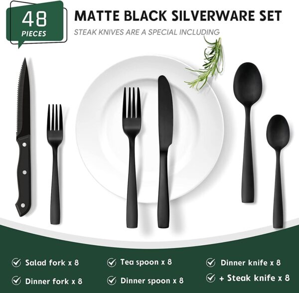 48-Piece Matte Black Silverware Set with Steak Knives, Black Flatware Set for 8, Stainless Steel Tableware Cutlery Set, Utensil Sets for Kitchen, Hand Wash Recommended 2