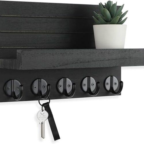 Key Holder for Wall, Decorative Key and Mail Holder with Shelf Has Large Hooks for Bags, Coats, Umbrella – Paulownia Wood Key Hanger with Mounting Hardware (9.8”W x 6.7”H x 4.2”D) Black