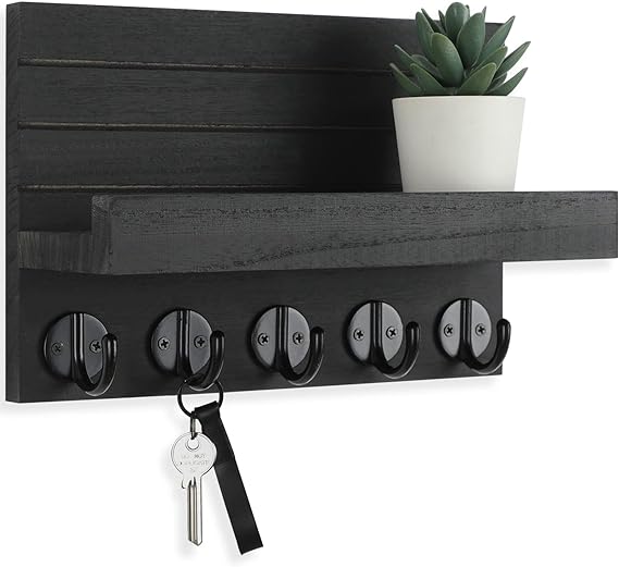 Key Holder for Wall, Decorative Key and Mail Holder with Shelf Has Large Hooks for Bags, Coats, Umbrella – Paulownia Wood Key Hanger with Mounting Hardware (9.8”W x 6.7”H x 4.2”D) Black 1