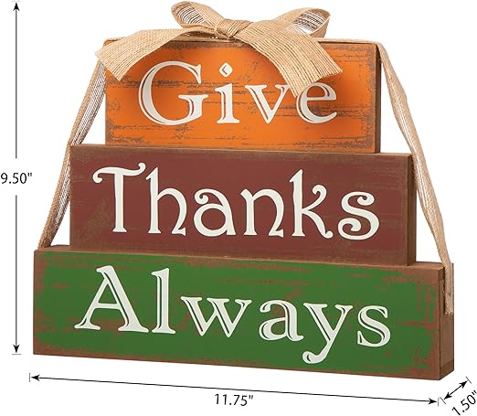 Glitzhome Thanksgiving Sign Wooden Signs with Sayings Give Thanks Always Welcome Thanksgiving Decor Farmhouse Fall Harvest Wooden Block Set 11.81x9 Inches Wood Block Decor Thanksgiving Decor 2