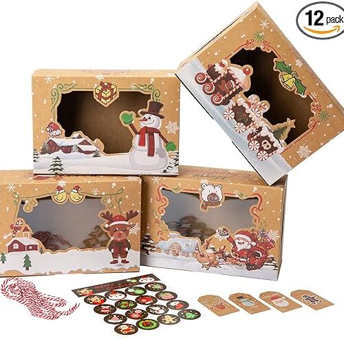 71+07mOucwL._AC_SX522_PIbundle-12,TopRight,0,0_SH20_ 12 Pcs T-Lanugage Cookie Boxes, Gift Baking Box with Window, Stickers and Rope for Christmas Pastries, Cookies, Pie, Donuts, Macaroon 8.7 x 5.9 x 2.8inch Brown