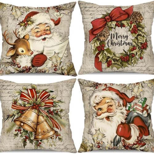 712NyvnavWL._AC_SL1000_ DFXSZ Christmas Pillow Covers 18x18 inch Set of 4 Santa Claus Reindeer Decorative Vintage Throw Pillow Covers Winter Retro Farmhouse Decoration for Home Couch 140
