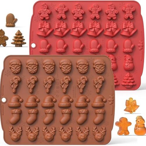 71AJHHW5eSL._AC_SX569_ SEIHDHIK Christmas Chocolate Molds 2 PCS Silicone Candy Molds with Gingerbread Santa Christmas Elk Bell Design Baking Molds for Christmas Party (Red&Brown)