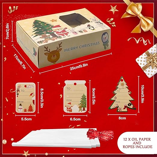 12 Packs Brown Christmas Cookie Boxes with Window for Gift Giving,Cartoon Christmas tree/snow man/penguin Holiday Bakery Treat Boxes Gift Baking Box Christmas Kraft Gift Boxes with Ribbons and DIY Gift Tags, Pastry, Candy, Party Favors 2