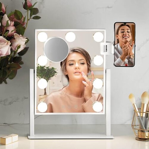 Hollywood Makeup Vanity Mirror with Lights – 360°Rotation Vanities Mirror with 9 Dimmable LED Bulbs, Tabletop with Bedroom & Cloakroom & Powder Room, Ultra-Thin Metal Frame Design