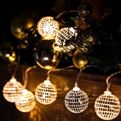 71EvBVFFUfL._AC_SX679_ LED Disco Ball Decorations Mirror Disco Ball Ornaments 70s Disco Party Supplies Mini Disco Balls Tree Ornament Light Battery Operated Disco Balls with String for Christmas (Warm White,5.91 ft Long)