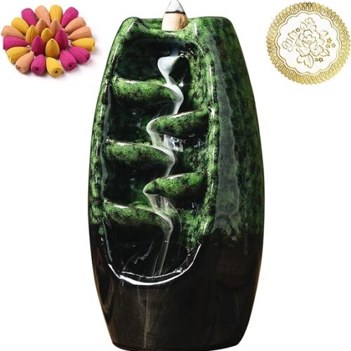 Ceramic Incense Burner with 120 Cones, Waterfall Backflow Incense Holder, Aromatherapy Ornament, Zen Decor, Home Decor, Room Decor (Green)