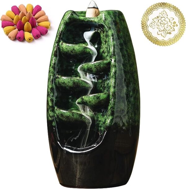 Ceramic Incense Burner with 120 Cones, Waterfall Backflow Incense Holder, Aromatherapy Ornament, Zen Decor, Home Decor, Room Decor (Green) 1