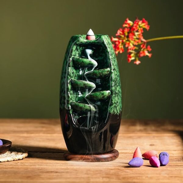 Ceramic Incense Burner with 120 Cones, Waterfall Backflow Incense Holder, Aromatherapy Ornament, Zen Decor, Home Decor, Room Decor (Green) 3