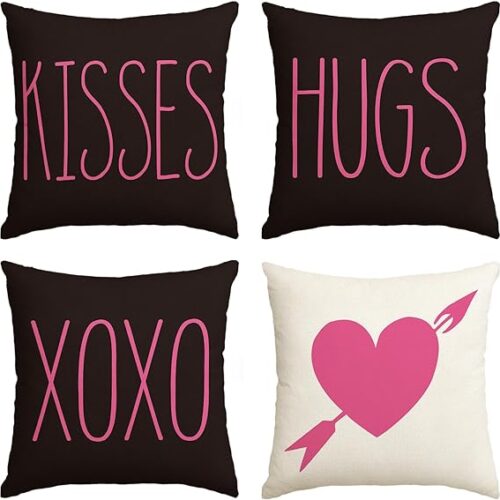 Holiday Kisses Hugs XOXO Love Heart Arrow Anniversary Wedding Cushion Case Decoration for Sofa Couch Set of 4
