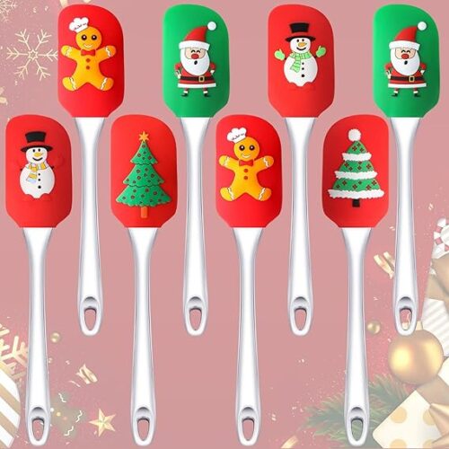 8 Pieces Christmas Silicone Spatula Santa Claus Pattern Spatula Christmas Cake Decorating Spatula Kitchen Silicone Spatula with Handle for Stir Butter Cream (Vivid Style, Plastic Handle)